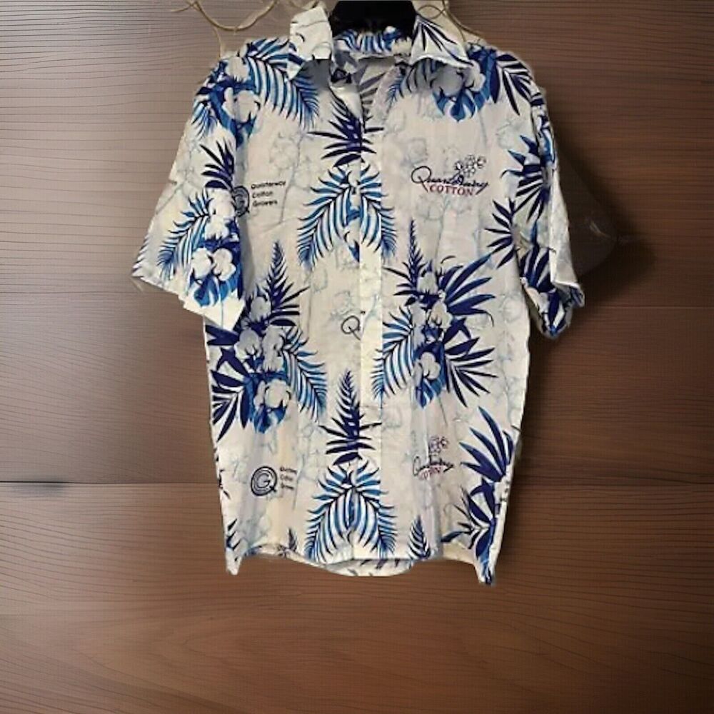 Quarterway Cotton Growers M Hawaiian Shirt Blue White Floral Aloha Button Down